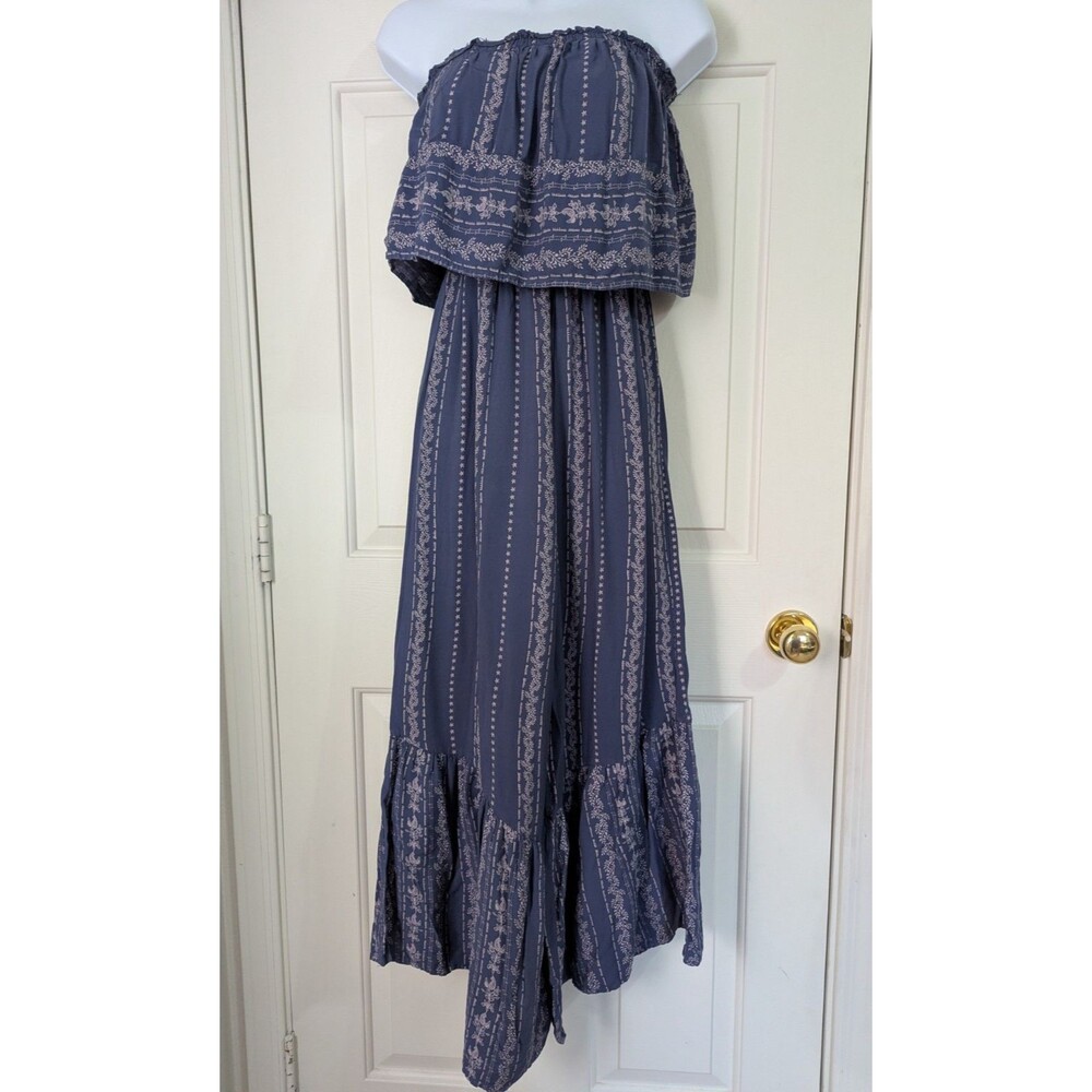 JAPNA Boho Sleeveless Jumpsuit Womens Small Blue Floral Wide Leg Ruffle Layer